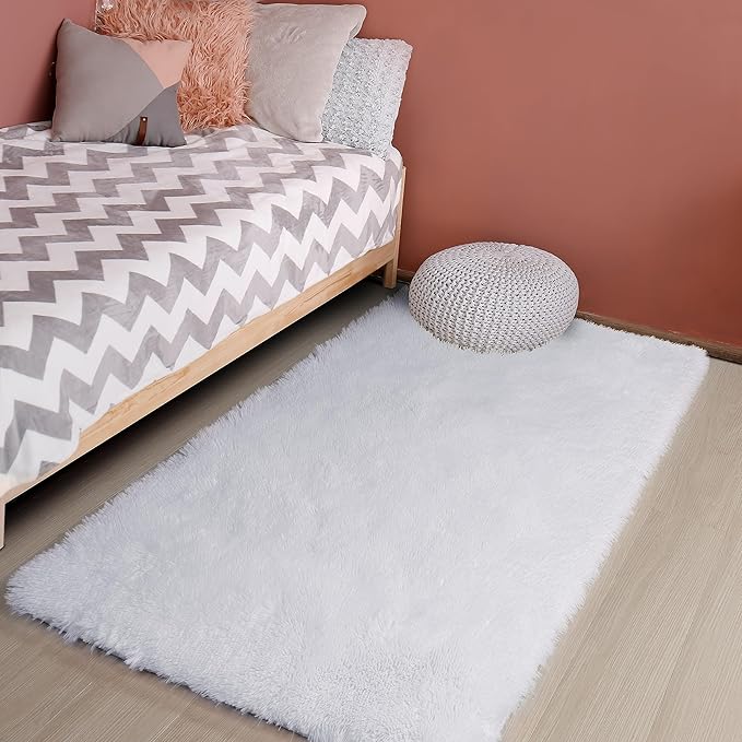 White Runner Area Rugs for Bedroom, Shag Fluffy Bedside Rug for Living Room, Modern Furry Shaggy Throw Rug for Kids Room, Teen Girls, Dorm, Baby Nursery, Cute Fuzzy White Carpet, 3x5 Rug, Home Decor