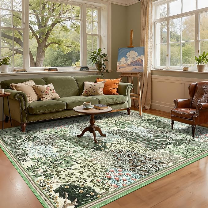 GarveeHome Forest Rugs 5x7, Beige Green Washable Area Rugs for Living Room 5x7, Botanical Low Pile Non Slip Stain Resistance Woodland Rug for Farmhouse, Bedroom, Dining Room
