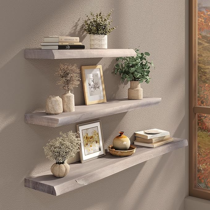 Live Edge Floating Shelves Set of 2, 24 Inch Solid Elm Wood Wall Shelves - Invisible Bracket Mount for Living Room, Bedroom, Kitchen, Bathroom | Weathered Gray