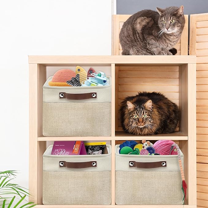 Simple Houseware Large Fabric Storage Bin, 15" x 11" with Leather Like Handles, 3 Pack, Beige