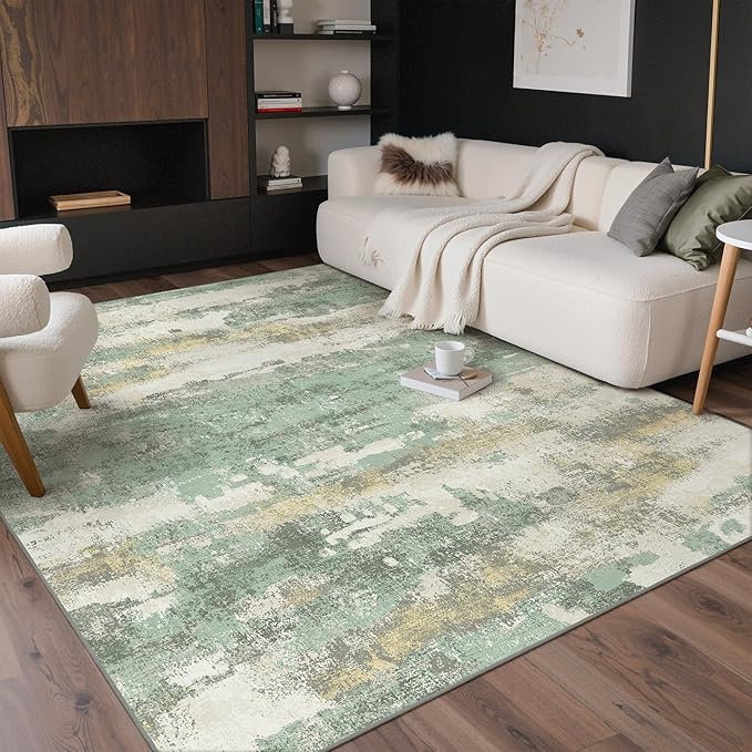 GENIMO No Crease Non Slip 6x9 Area Rugs for Living Room, Craft Woven Modern Rug, Soft Floor Carpet, Single-Piece Rugs for Bedroom, Dining Room, Office, Green Gray