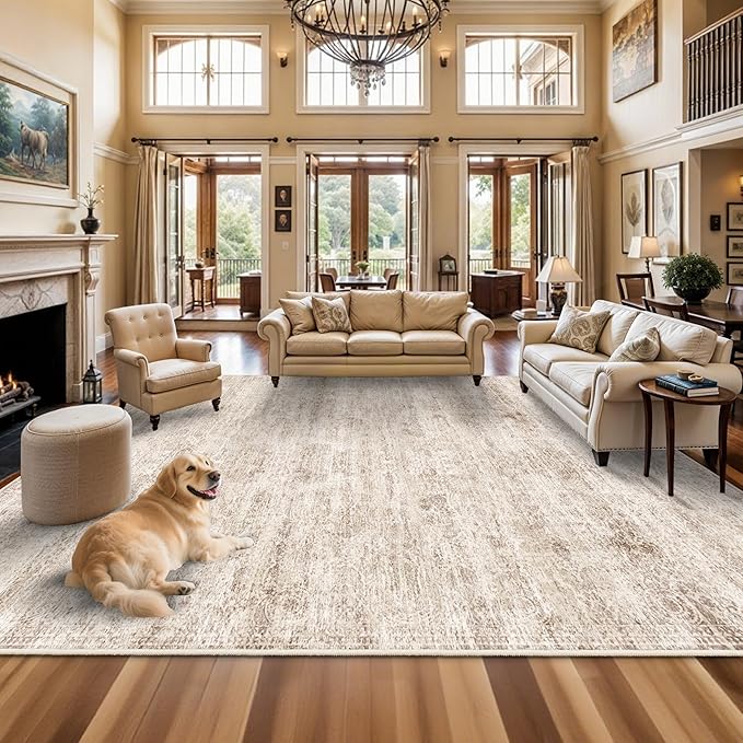 TOPRUUG Washable 12x18 Area Rug - Extra Large Rugs for Living Room Soft Low Pile Carpet for Bedroom Non-Slip Stain Resistant Vintage Indoor Floor Carpets (Beige Brown, 12x18)