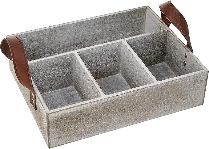 KMwares Paulownia Wooden Gray Rustic Wood Cube Storage Box with Light Brown Leather Handle, Open Top Organizer Bin Container for Kitchen, Bathroom, Office Desk, Makeup