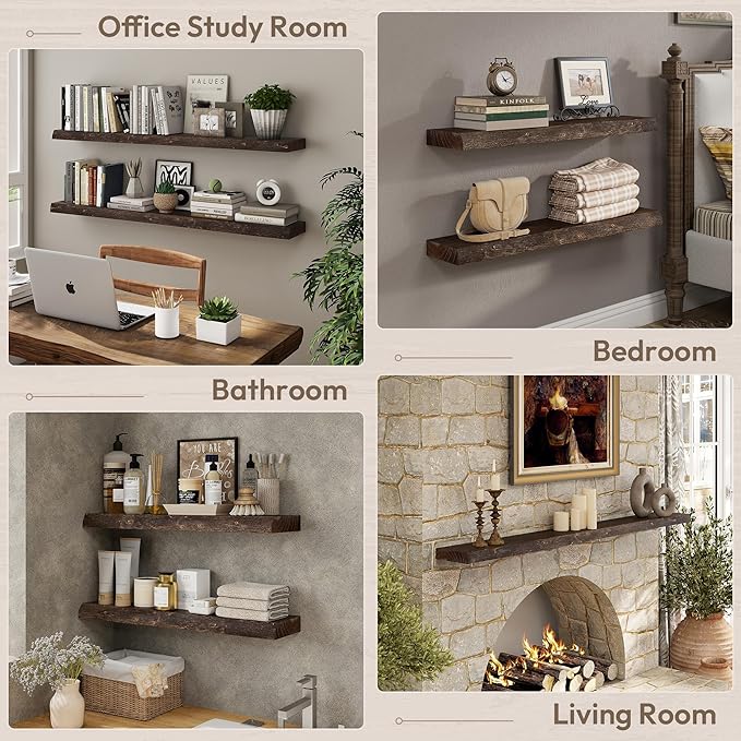 Marsmiles 48 inch Floating Shelves for Wall Elm Wood Live Edge Shelves Wall Mounted|Rustic Long Floating Shelves with Invisible Bracket for Bathroom Living Room Kitchen|Walnut, 1 Pack