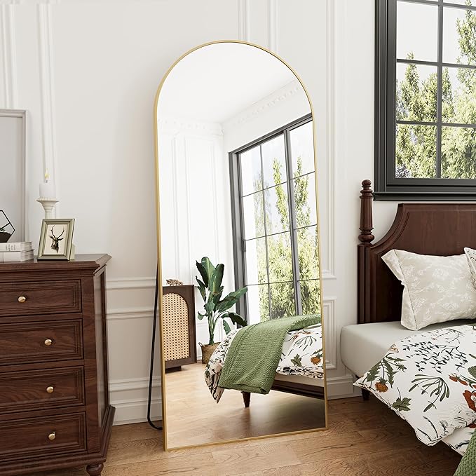Rowjut Full Length Mirror Arched Floor Length Mirrors, 71"x26" Large Full Body & with Stand&Arch Wall Mounted &Standing Mirror for Bedroom Living Room, Aluminum Frame, Gold
