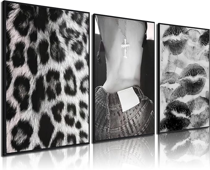 Set of 3 Fashion Chic Wall Art Kiss Lips Poster Leopard Picture Wall Decor Trendy Y2k Print Black and White Aesthetic Girly Room Decor for Bedroom Living Room Dorm Home Decoration Unframed 12"x16"
