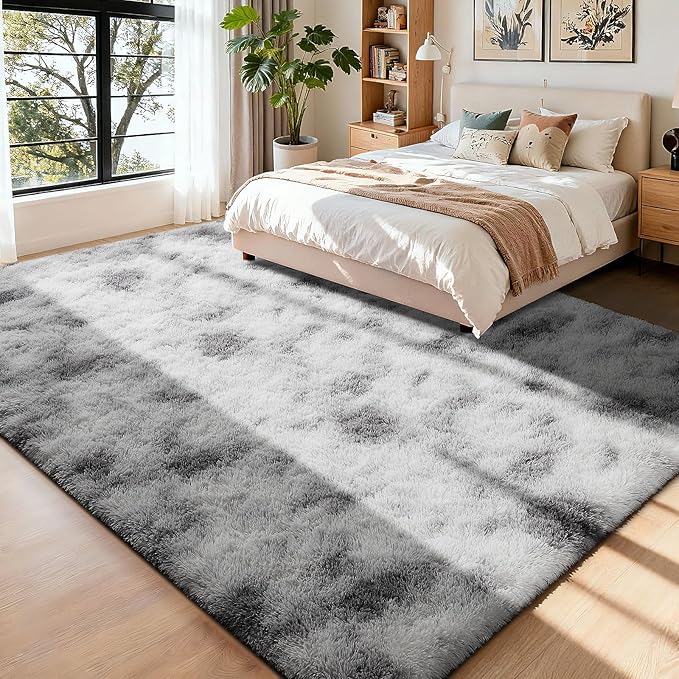 Modern Soft Fluffy Small Shaggy Rug for Bedroom Livingroom Dorm Kids Room Indoor Home Decorative, Non-Slip Plush Furry Fur Area Rugs Comfy Nursery Accent Floor Carpet 9X11 Feet, Tie-Dyed White Grey