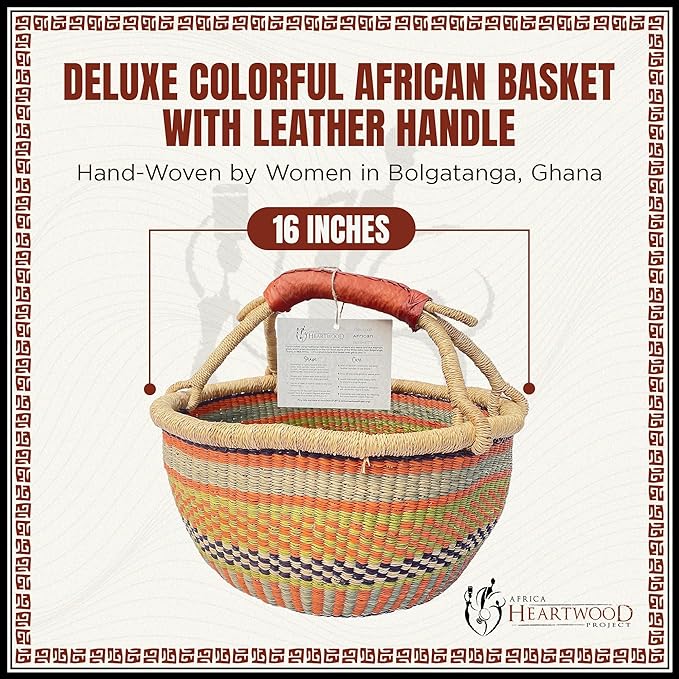 Africa Heartwood Project Deluxe Colorful African Basket with Leather Handles - Handmade from dried Elephant Grass, Hand-Woven by Women in Bolgatanga, Ghana - Large 16" Round Flat-packed