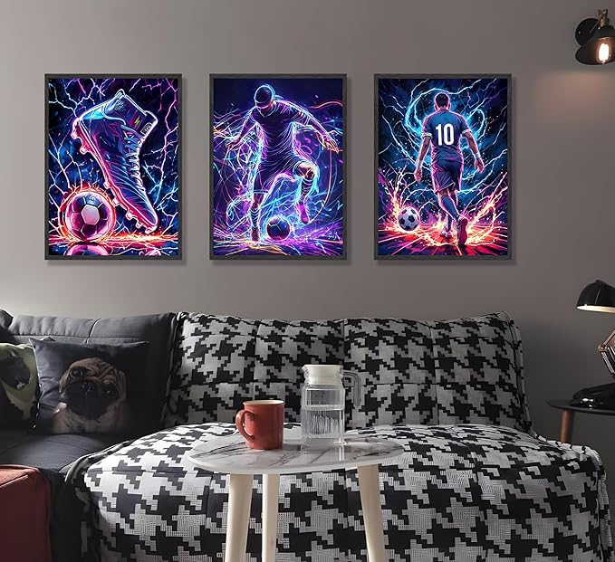 FJKLRP 3pcs Neon Lightning Soccer Canvas Wall Art Football Wall Decor with 10 Number Player Paintings posters Trendy Sports Artwork for Bedroom Living Room Fan Cave Game Room decor Unframed