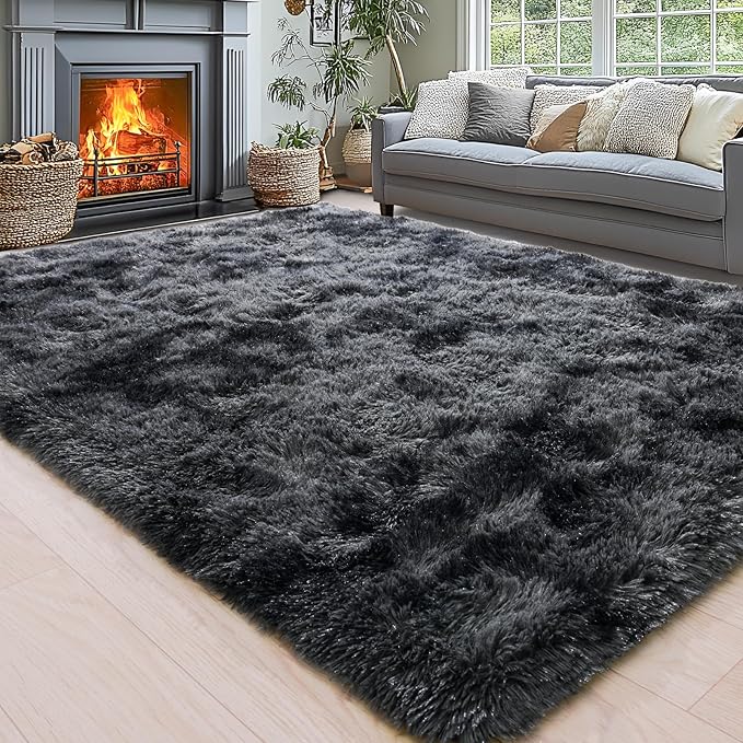 Area Rugs for Living Room 6x9, Ultra Soft Fluffy Rug for Bedroom, Modern Shaggy Carpets Fuzzy Rug for Girls Boys Room Home Indoor Nursery Teens Dorm Decor, Upgrade Non-Slip Durable, Dark Grey