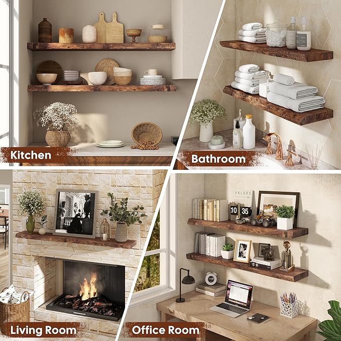 Live Edge Floating Shelves Set of 2, 36 Inch Solid Elm Wood Wall Shelves - Invisible Bracket Mount for Living Room, Bedroom, Kitchen, Bathroom | Vintage Rustic Decor