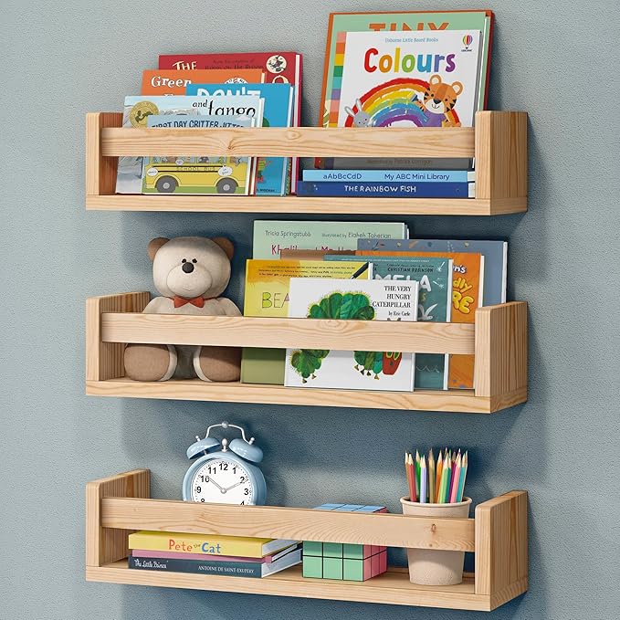 NATURE SUPPLIES Nursery Book Shelves, Set of 3 Floating Bookshelves for Wall for Nursery Decor & Playroom Decor, Bookshelf Kids, Baby Book Shelf Organizer (Natural Wood)