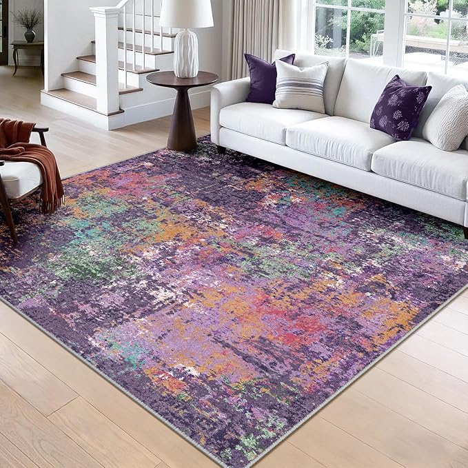 RELEANY Washable Area Rugs Square 8ft Non-Slip Modern Abstract Soft for Living Room Entryway Bedroom Nursery, Print Pattern, Purple Orange Blue Green Rust Red Colorful