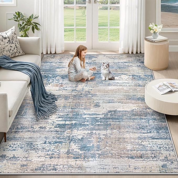 XLUEZ 5x7 Area Rugs for Living Room, Washable Modern Abstract Large Area Rug Neutral Soft Non Slip Kids Rug Stain Resistant Indoor Carpet for Bedroom Nursery Dining Room Playroom(BlueBeige, 5'x7')