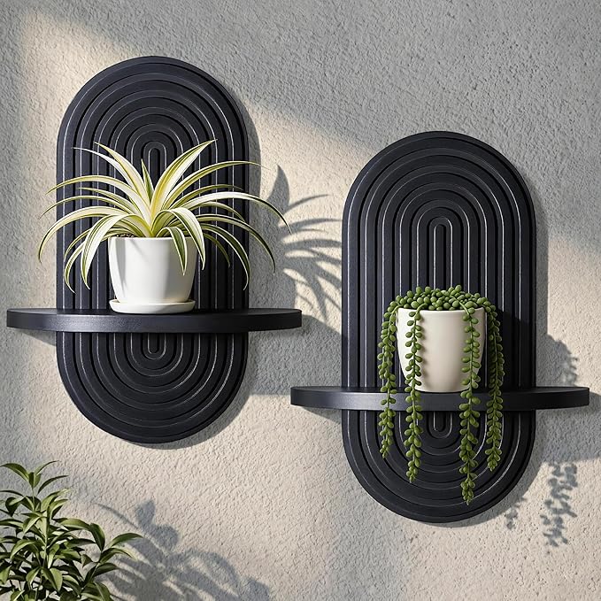 Heiple Set of 2 Boho Arched Floating Shelves 15.7”x 7.8”3D Wooden Hanging Shelf for Living Room Bedroom Nursery Mid Century Modern Wall Decor(Black, 11.7 * 15.7)