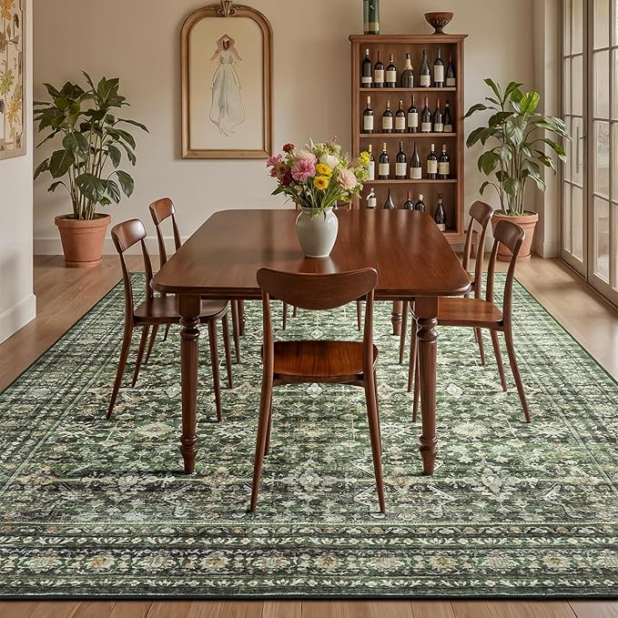 Lofus 7x10 Area Rug for Living Room,Green Washable Area Rugs with Non-Slip Backing,Soft Boho Carpets for Bedroom Dining Room Home Office Indoor Nursery