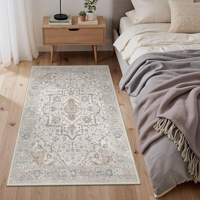 GENIMO 3x5 Area Rugs for Living Room, Machine Washable Non Slip Vintage Rugs, Low Pile Lightweight Soft Boho Rug for Bedroom, Dining Room, Home Office