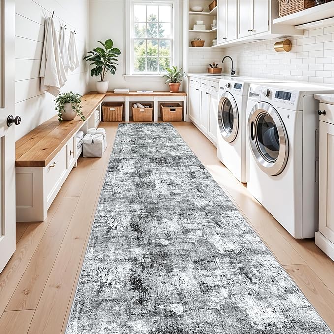 3x12 ft Long Hallway Runner Rug - Non-Slip Washable Kitchen Rug with Rubber Backing,Modern Abstract Neutral Thin Low Pile Floor Carpet Runner for Entryway,Bedroom,Living Room（Grey）