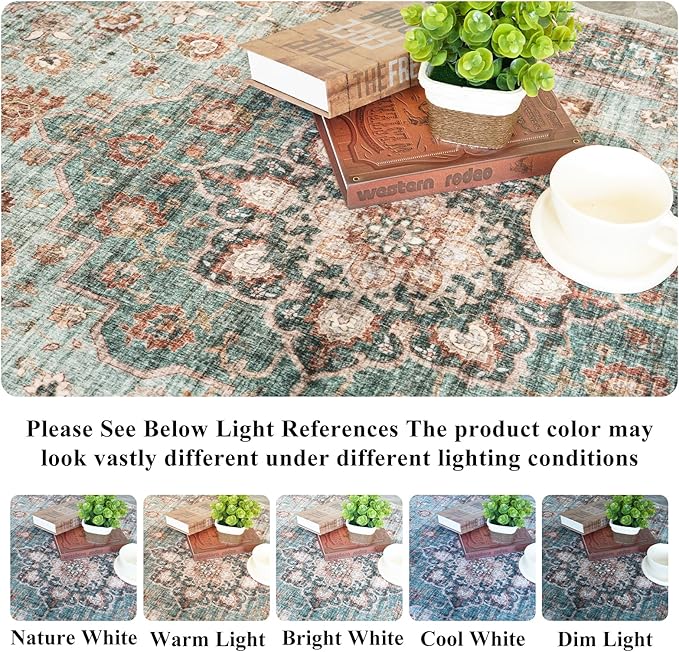 TOPRUUG Washable Oriental Area Rug - 5x8 Rugs for Living Room Soft Carpet for Bedroom Waterproof Floral Distressed Indoor Stain Resistant Non-Shedding Floor Carpets (Green, 5x8)