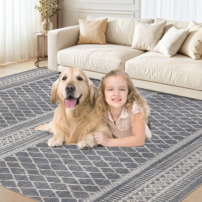 cotiled 8x10 Area Rug Living Room: Washable Boho Rugs with Non Slip Backing Large Soft Indoor Stain Resistant Carpet for Bedroom Farmhouse Dining Room Lightweight Home Decor Charcoal Grey