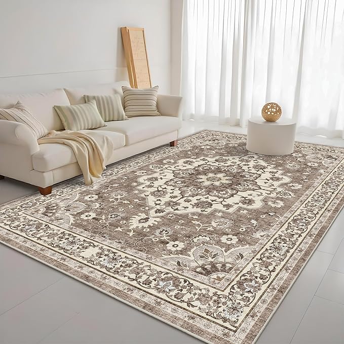 Dining Room Rugs for Under Table - Washable 6x8 Area Rug for Living Room Bedroom Soft Low Pile Non Slip Stain Resistant Carpet - Perfect for Homes with Pets & Kids (Beige, 6x8)
