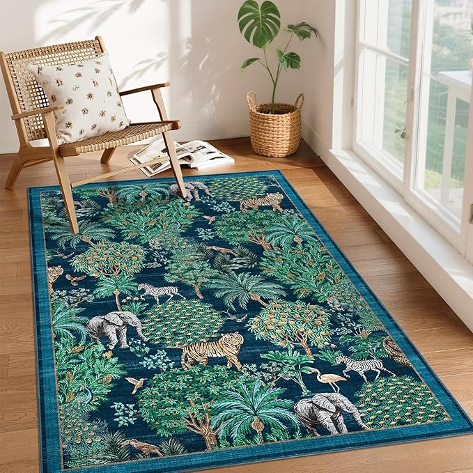 GarveeHome Jungle Animal Print Rug 4x6 Washable Area Rugs for Living Room, Forest Rug Non Slip Soft Low Pile Stain Resistance Throw Carpet for Bedroom Kids Playroom Nursery Blue