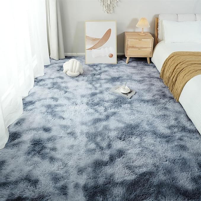 Fluffy Area Rug Living Room: Grey Shag Rug 6x9 Plush Rugs for Living Room - Large Fuzzy Soft Carpet (Tie-Dyed Light Gray, 6x9 Feet)