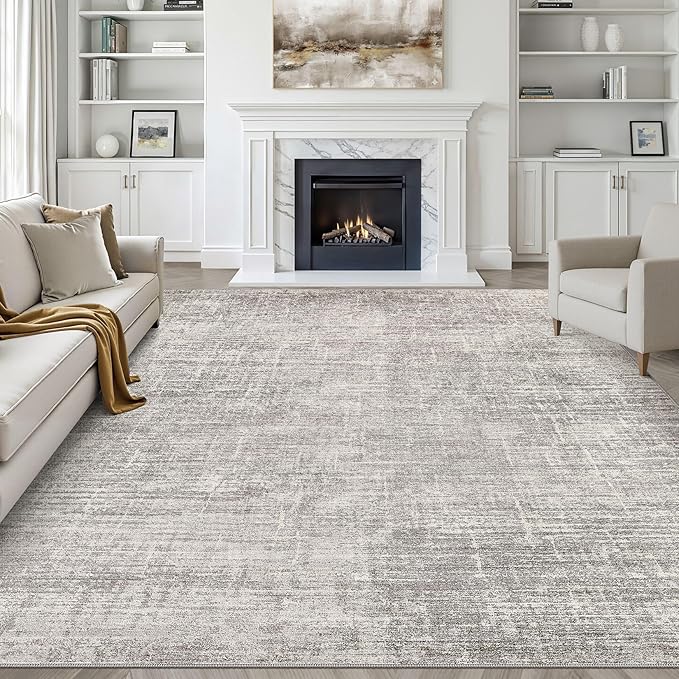 9x12 Area Rugs Living Room: Washable Large Neutral Rug Abstract Soft Modern Stain Resistant Indoor Floor Non-Slip Carpet for Bedroom Nursery Kids Office Playroom Dining Room Under Table- Brown Gray