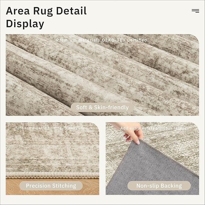 Soalmost 7x9 Area Rug for Living Room Washable Abstract Vintage Soft Thin Indoor Floor Non-Slip Carpet for Bedroom Dining Room Brown