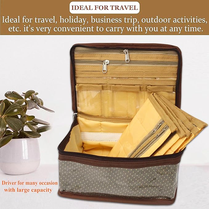 atorakushon Nylon MakeUp Organizer Case Travel Jewelry Bag Transparent Ring Earring Storage Box for Bracelet Pendant Holder with 7 Clear Zippered Pouch Brown