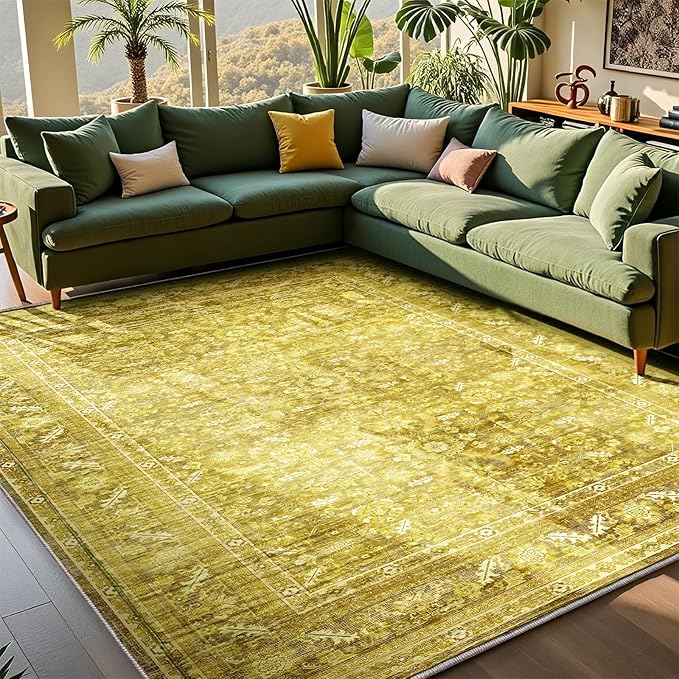 OPPODREAM Vintage Yellow Area Rugs 6x9, 6 x 9 Retro Washable Rug Non Slip, Low-Pile Faux Wool Carpet, Distressed Floor Mat for Living Room, Bedroom, Kitchen, Office, Dorm, Dinning Room