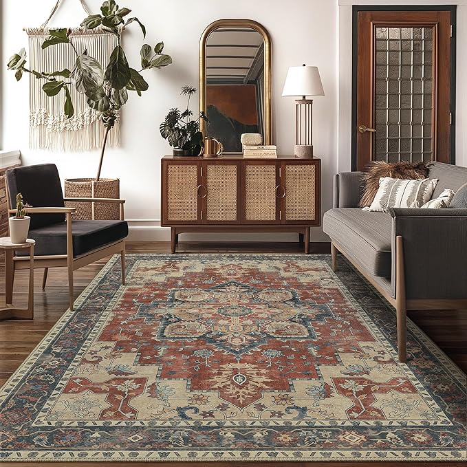GENIMO 3x5 Area Rugs for Living Room, Machine Washable Non Slip Vintage Rugs, Low Pile Lightweight Chenille Print Rug for Bedroom, Dining Room, Home Office,Bordeaux