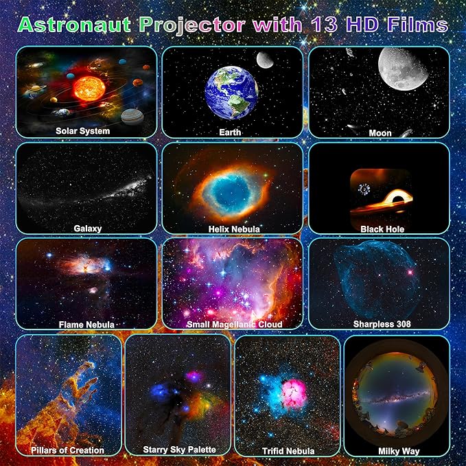 Astronaut Galaxy Projector for Bedroom, HD Galaxy Light Projector with Timer and 360° Rotation, Planetarium Projector with 13 Film Discs and 9 Colors, Star Projector Gift for Kids