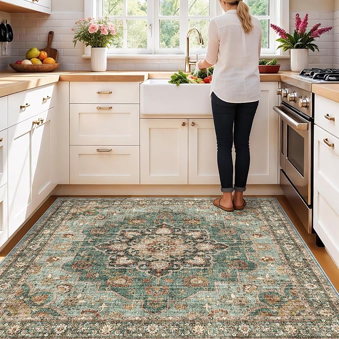 TOPRUUG Washable 5x5 Rug Square - Ultra Soft Living Room Area Rug Under Sofa Non-Slip Rugs for Bedroom Dining Room - Stain Resistant Farmhouse Decor for Family with Pets & Kids (Green, 5x5)