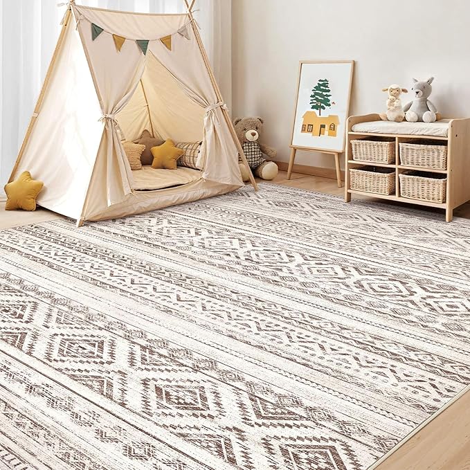 cotiled 10x12 Area Rug Living Room: Washable Boho Rugs with Non Slip Backing Large Soft Indoor Stain Resistant Carpet for Bedroom Farmhouse Dining Room Lightweight Home Decor Dark Brown