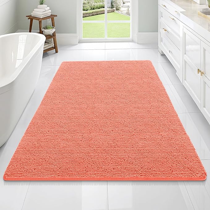OLANLY Large Bathroom Rugs 70x46, Extra Soft Absorbent Chenille Bath Rugs, Rubber Backing Quick Dry, Machine Washable Bath Mats for Bathroom Floor, Tub and Shower, Home Decor Accessories, Coral