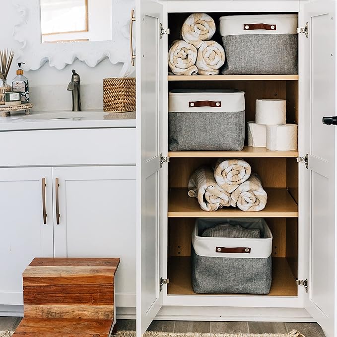 OrganiHaus Extra Large Fabric Storage Baskets for Shelves 3 Pack, 16x13in Closet Storage Bins, Canvas Baskets for Organizing, Linen Closet Organizers, Cloth Basket, Gray/Off-White
