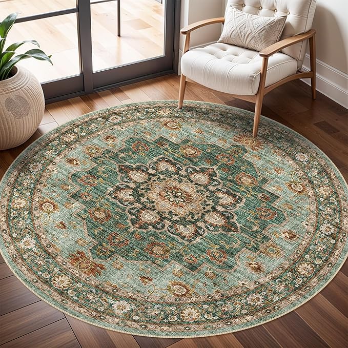 TOPRUUG Washable Oriental Area Rug - 3ft Round Rugs for Living Room Soft Carpet for Bedroom Waterproof Floral Distressed Indoor Stain Resistant Non-Shedding Floor Carpets (Green, 3ft-Round)