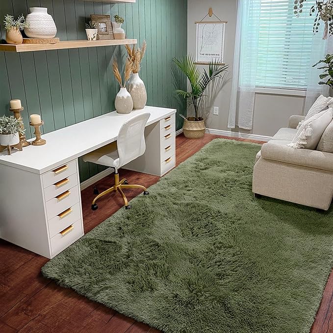 Amdrebio Olive Green Rugs for Bedroom Living Room, Fluffy Shaggy Modern Area Rug 4x6 for Girls Boys Kids Room Decor, Soft Plush Fuzzy Furry Cool Carpet for Nursery Classroom Dorm Playroom Apartment