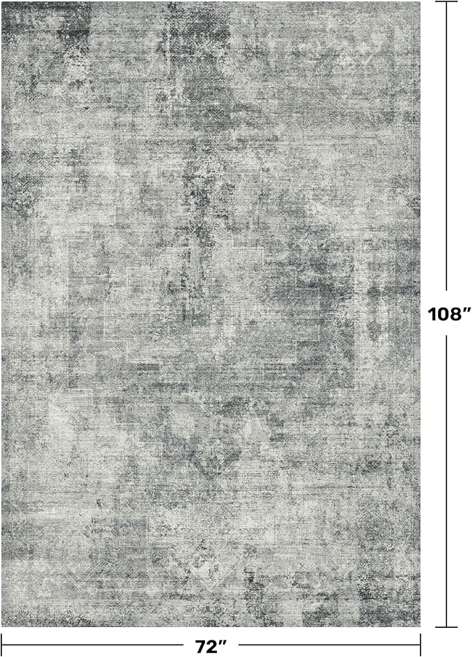 Hazo Haus Vintage Dark Blue Rugs for Living Room - 6x9 Distressed Print Pattern Large Area Rug for Bedroom, Dining Room Under Table, Thin & Soft Washable Slate and Gray Décor