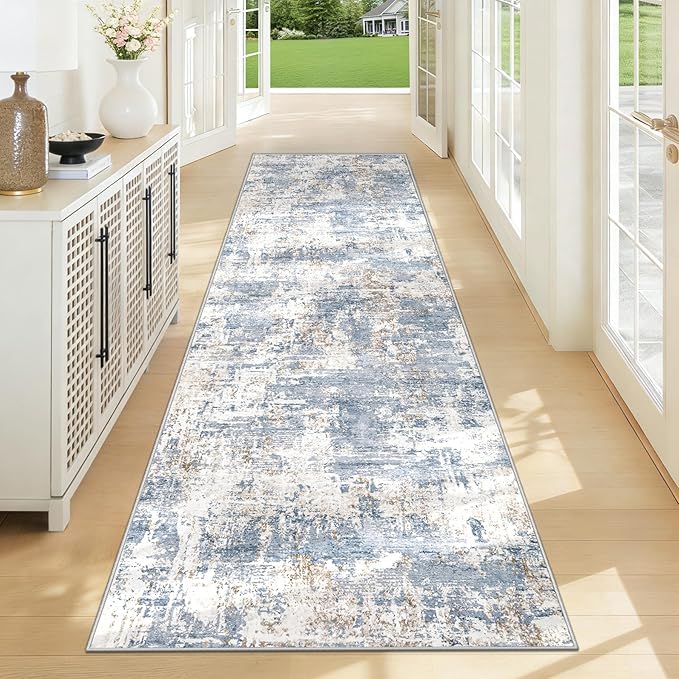 XLUEZ 2.6x8 Runner Rug for Hallway, Washable Modern Abstract Runner Rugs Neutral Soft Non Slip Kids Rug Stain Resistant Indoor Runners for Entryway Bedroom Kitchen Laundry Room(Blue, 2'6''x8')