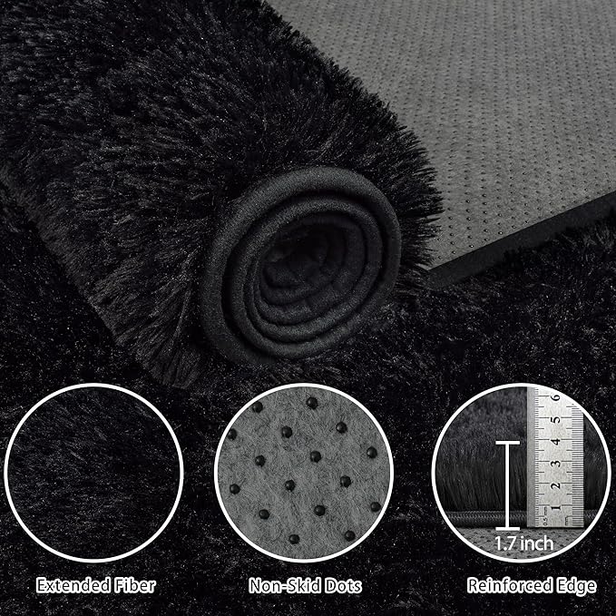 5x7 Area Rug for Living Room:Ultra Soft Fluffy Shag Black Rugs,Large Fuzzy Plush Indoor Non Slip Carpet Washable Rug for Bedroom Kids Nursery Office Dorm Modern Decor(Black 5'x7')