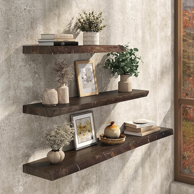 Floating Shelves Set of 2, Solid Elm Wood Wall Shelves 32 Inch - Invisible Bracket Mount for Living Room, Bedroom, Kitchen, Bathroom - Natural