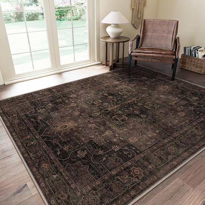 GENIMO 6x9 Area Rugs for Living Room, Machine Washable Rug, Non Slip Indoor Vintage Rug, Low Pile Lightweight Chenille Print Carpet for Bedroom Dining Room Home Office, Charcoal Brown