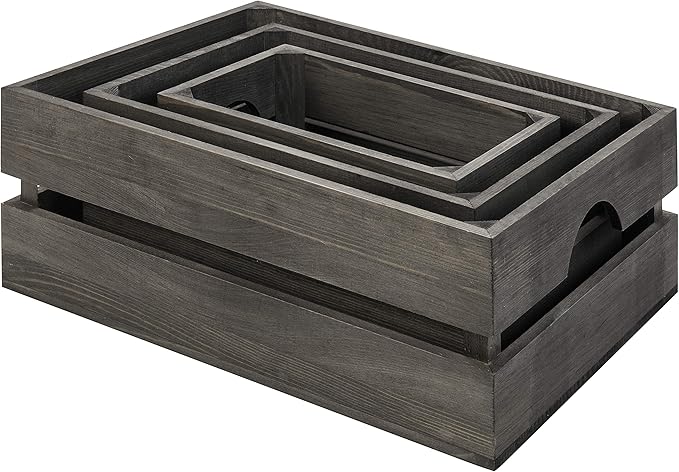 MyGift Rustic Gray Solid Wood Storage Organizer Box with Handle, 3 Piece Various Size Decorative Nesting Crate