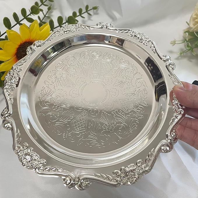 Round Tray Decorative Perfume and Makeup Organizer, Vintage Sliver Trays 7.87”, Stainless Steel Metal Tray for Dresser, Bathroom or Jewelry Display Home Decor