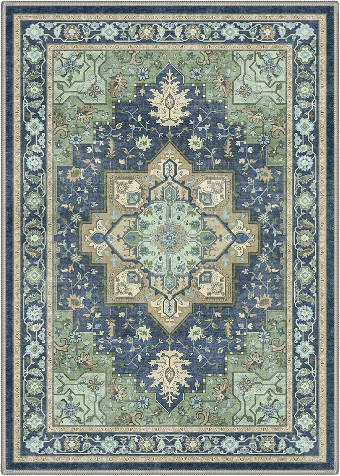 GENIMO 5x7 Area Rugs for Living Room, Machine Washable Rug, Non Slip Indoor Vintage Carpet, Low Pile Lightweight Chenille Print Carpet for Bedroom Dining Room Home Office, Green & Navy