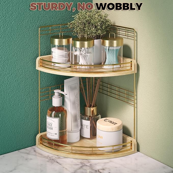 2-Tier Bathroom Countertop Corner Organizer for Small Spaces Counter Shelf for Sink & Vanity, Compact Vertical Storage for Toiletries (Natural)