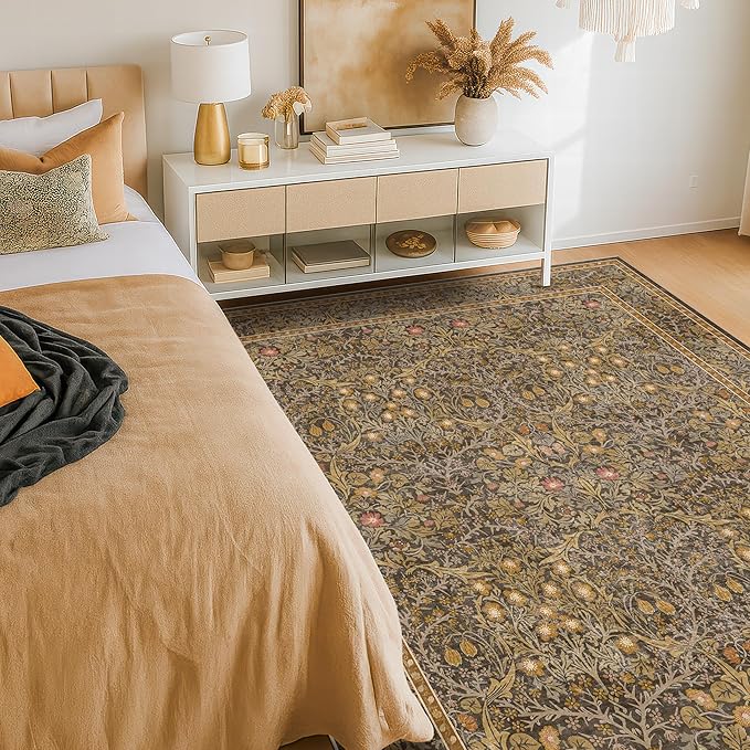 Washable Living Room Rug 6x9 - Brown Oriental Area Rug for Bedroom, Dining Room Rug for Under Table, Low Pile Non-Slip Floor Carpet for Home Office, Study Room - Vintage Design & Stain Resistance