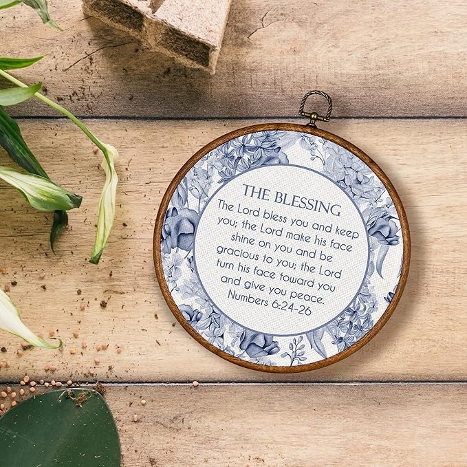 KSDUT Christian Flower Wall Decor Art - Blue Trendy Retro Wall Art Canvas Frame Hanging Prints, Bible Verse Preppy Round Wall Art Decor for Grandmillennial Home Bedroom Decorations 10"x10"